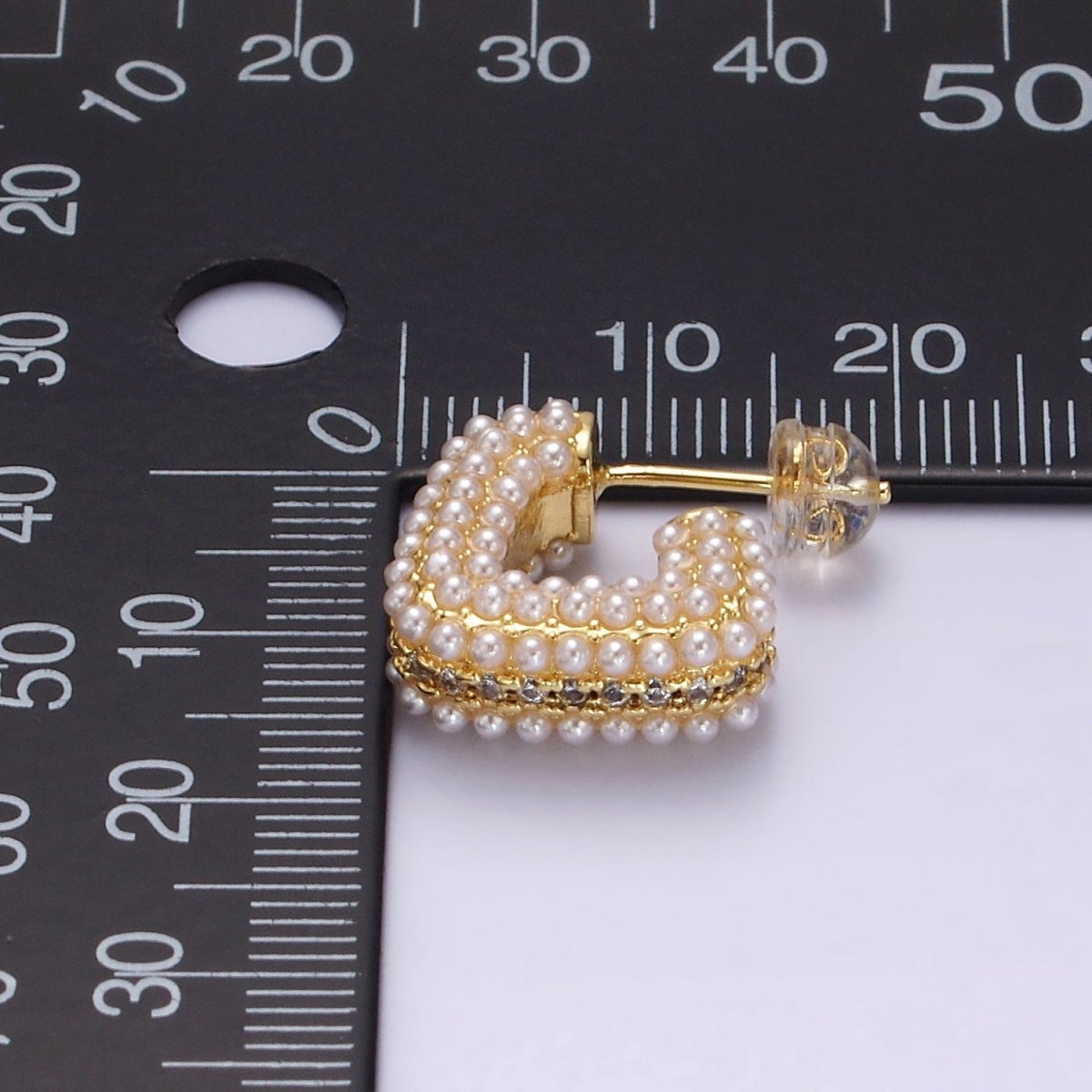 14K Gold FIlled 15mm Pearl Micro Paved CZ Lined Boxy J-Shaped Earrings in Gold | AE1007