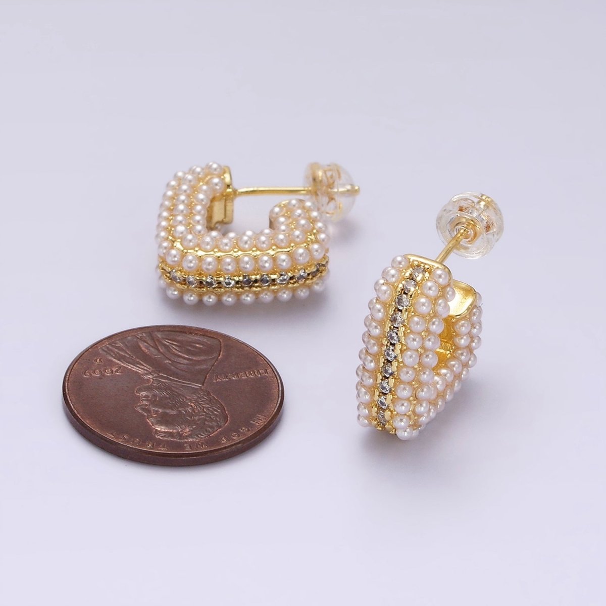 14K Gold FIlled 15mm Pearl Micro Paved CZ Lined Boxy J-Shaped Earrings in Gold | AE1007