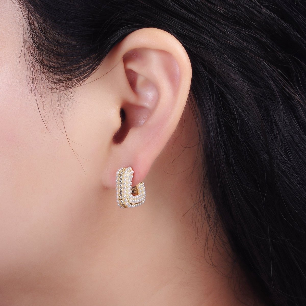 14K Gold FIlled 15mm Pearl Micro Paved CZ Lined Boxy J-Shaped Earrings in Gold | AE1007