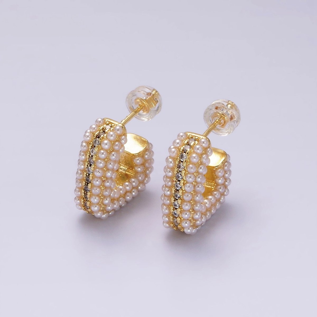 14K Gold FIlled 15mm Pearl Micro Paved CZ Lined Boxy J-Shaped Earrings in Gold | AE1007