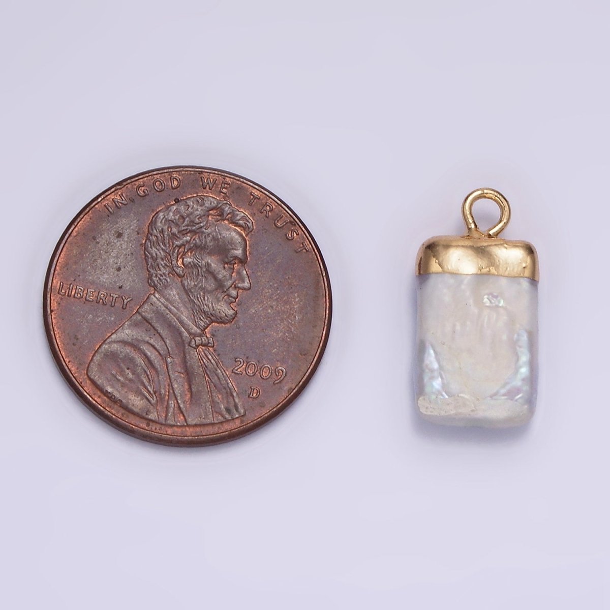14K Gold Filled 15mm White Freshwater Pearl Rectangular Biwa Dipped Charm | P1619 - DLUXCA