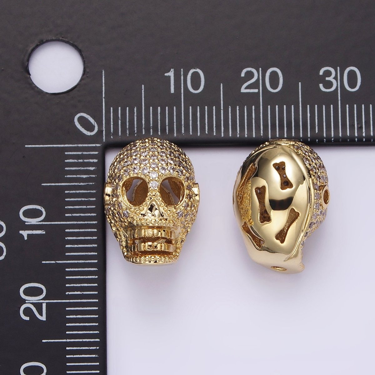 14K Gold Filled 16mm Clear Micro Paved CZ Skeleton Skull Mask Bead in Gold & Silver | B-849