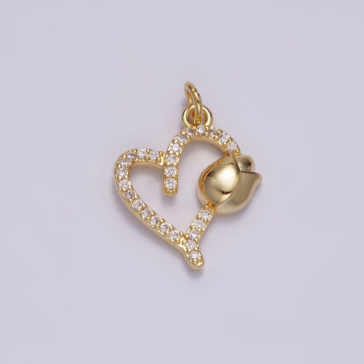 14K Gold Filled 16mm Tulip Flower Open Micro Paved CZ Heart Charm | N1492 - DLUXCA
