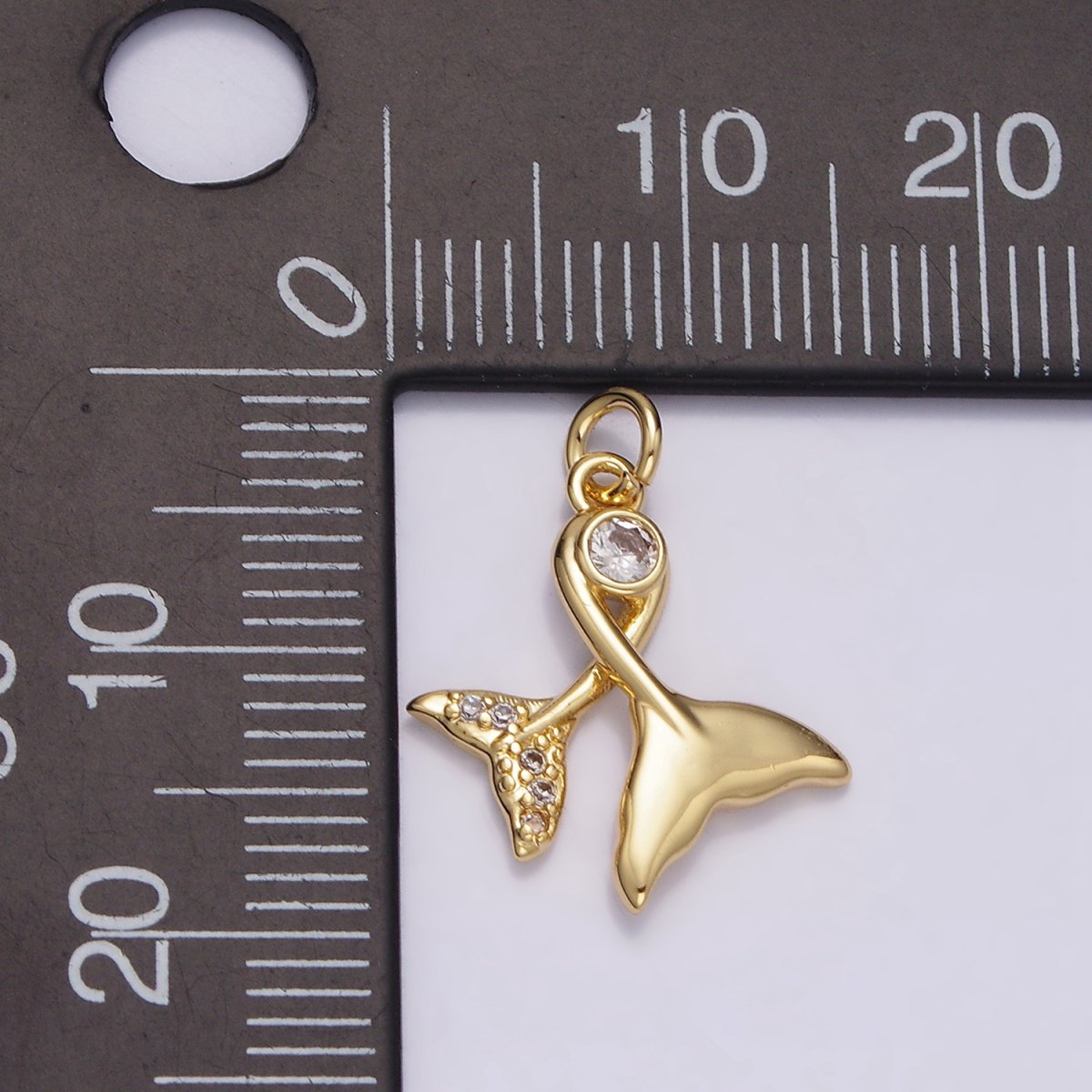 14K Gold Filled 18mm Clear CZ Double Mermaid Ocean Micro Paved Tail Charm | N1488 - DLUXCA