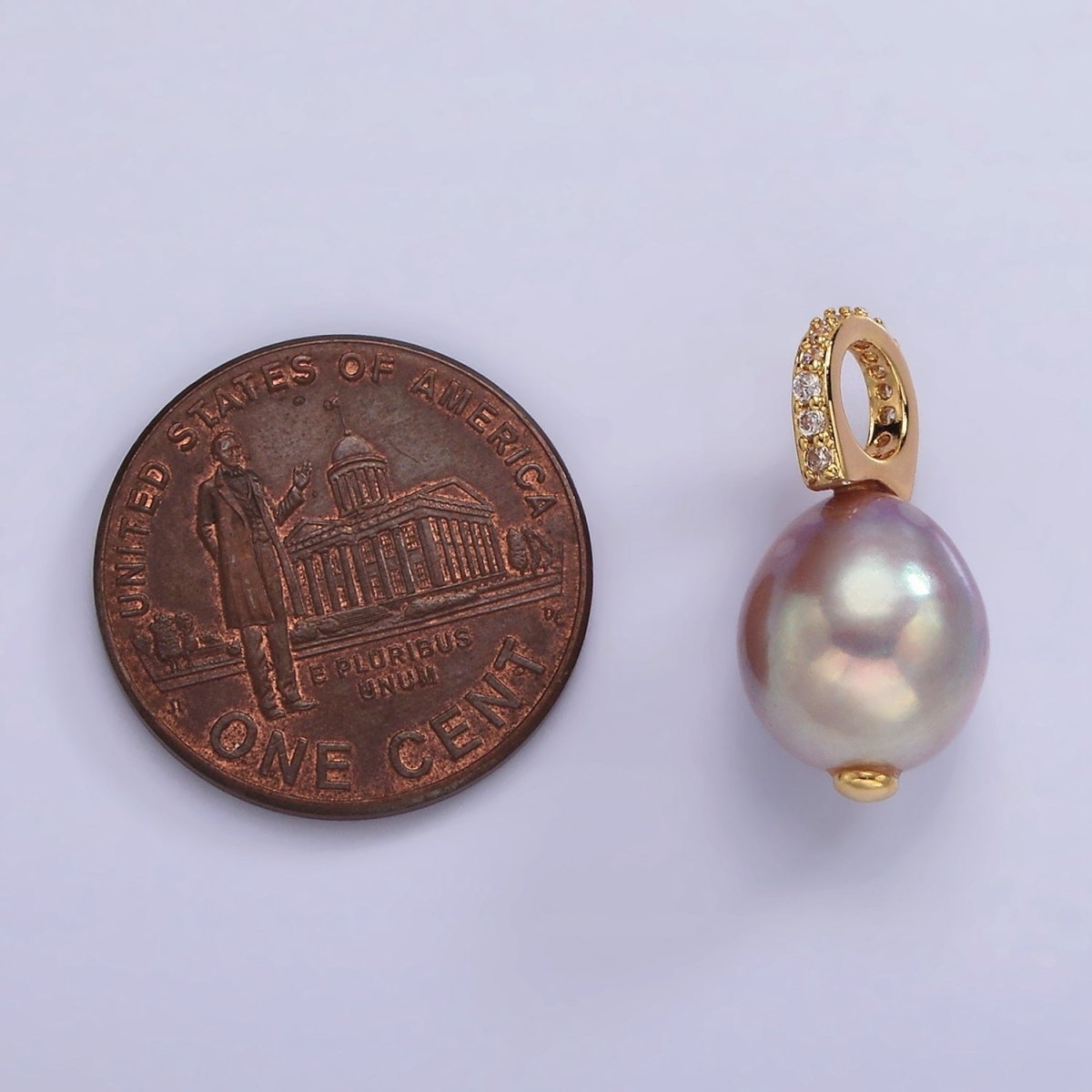 14K Gold Filled 19.5mm Pink, Purple Pearl Button Drop Micro Paved CZ Pendant | P1643