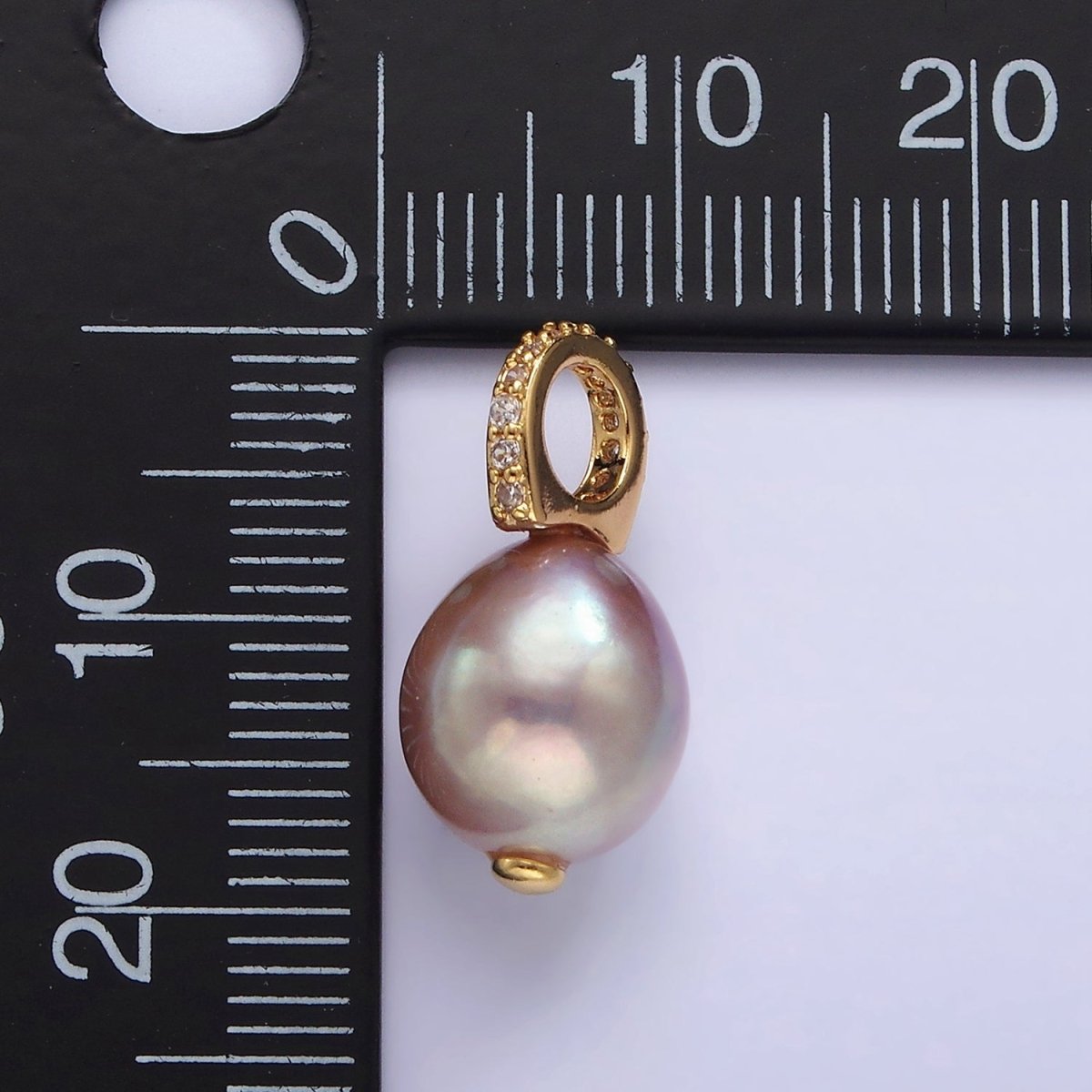 14K Gold Filled 19.5mm Pink, Purple Pearl Button Drop Micro Paved CZ Pendant | P1643