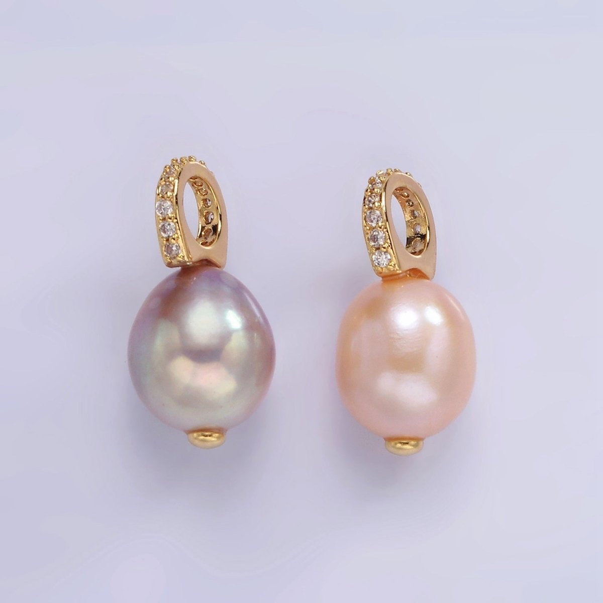 14K Gold Filled 19.5mm Pink, Purple Pearl Button Drop Micro Paved CZ Pendant | P1643
