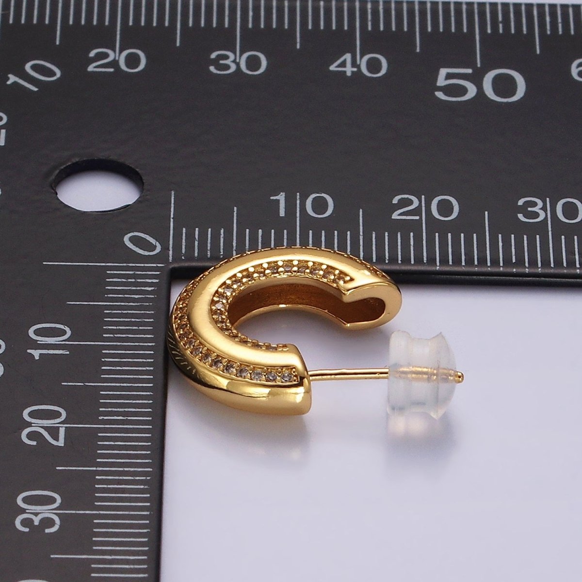 14K Gold Filled 19mm Clear CZ Double Paved Lined C-Shaped Hoop Earrings in Gold & Silver | AE1005 AE1006