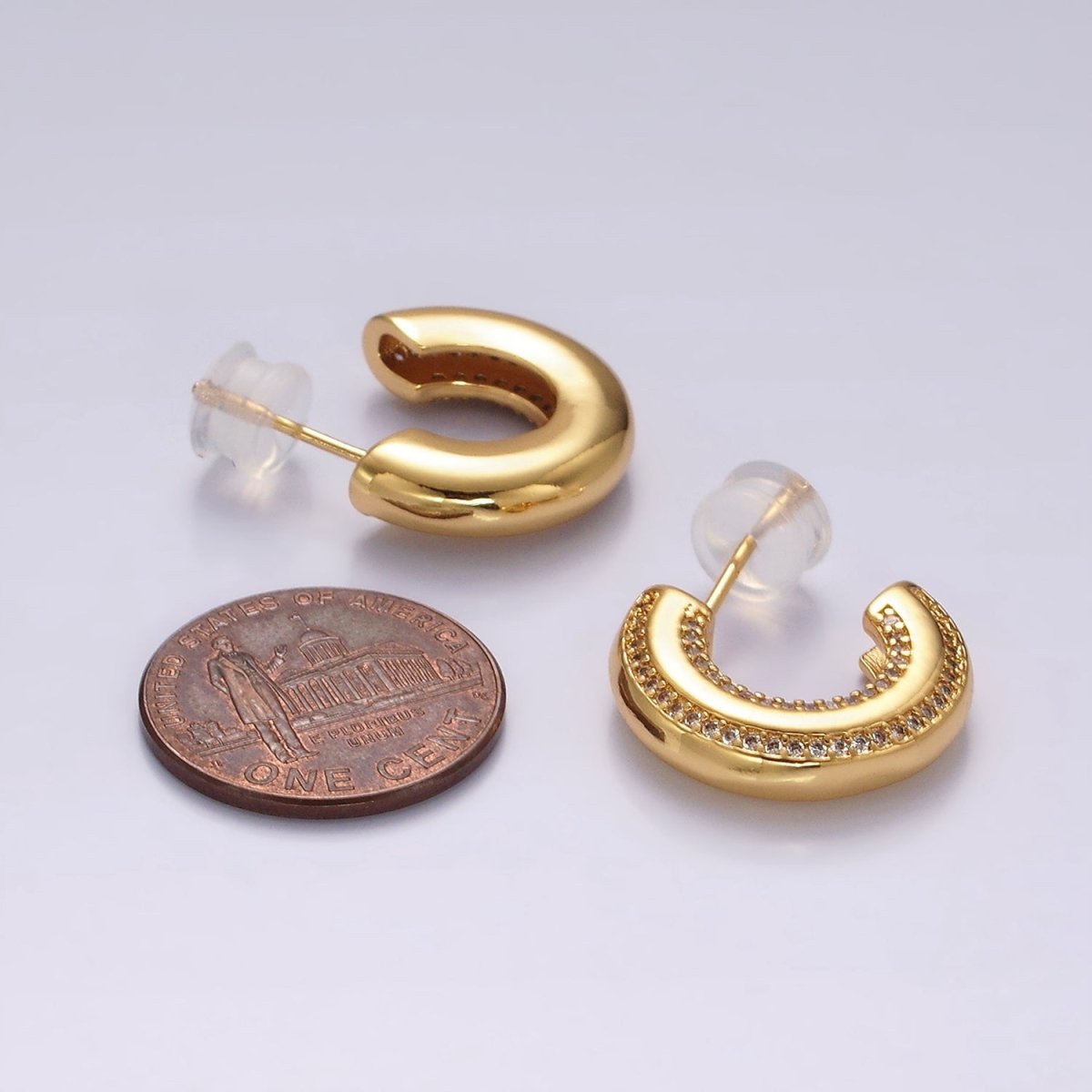 14K Gold Filled 19mm Clear CZ Double Paved Lined C-Shaped Hoop Earrings in Gold & Silver | AE1005 AE1006