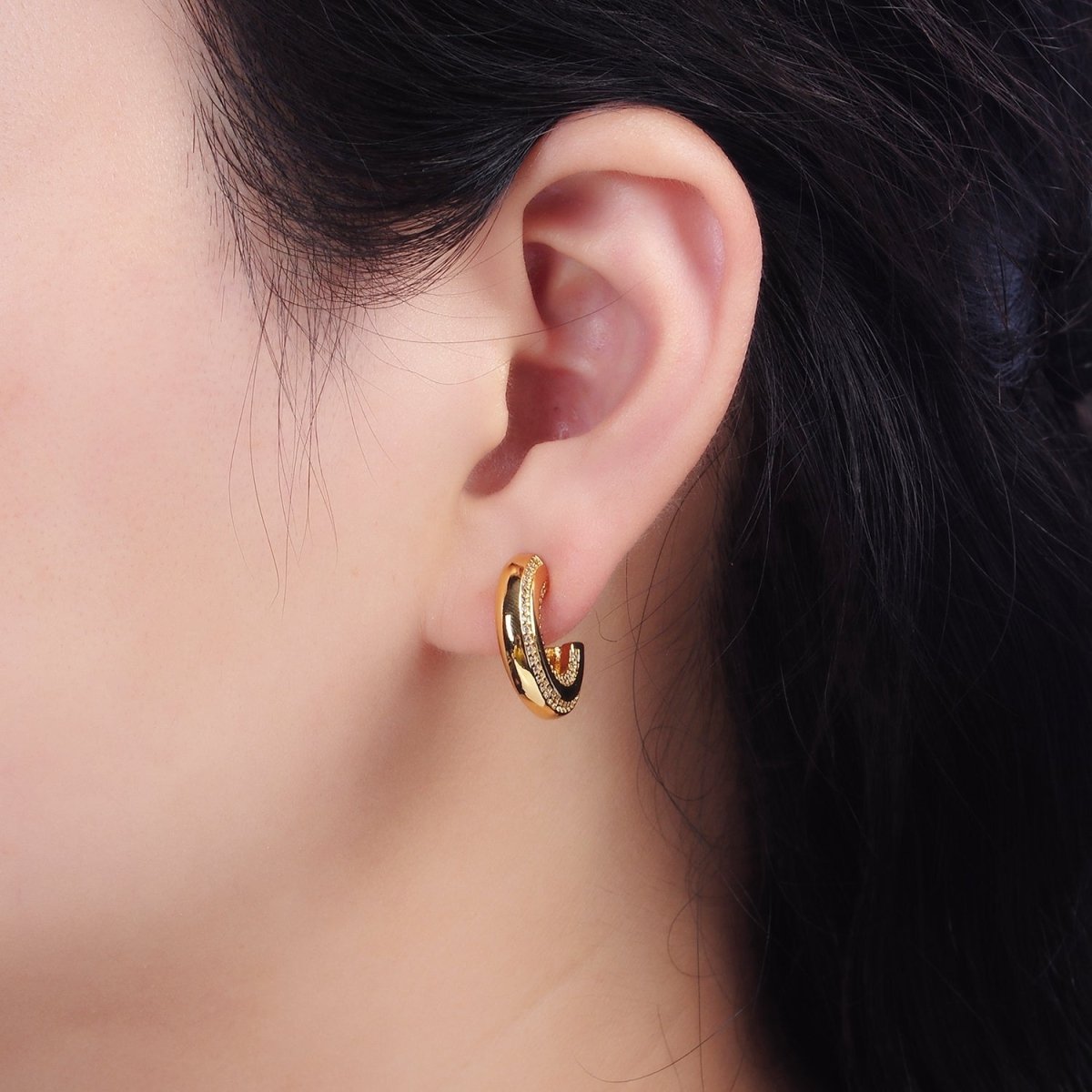 14K Gold Filled 19mm Clear CZ Double Paved Lined C-Shaped Hoop Earrings in Gold & Silver | AE1005 AE1006