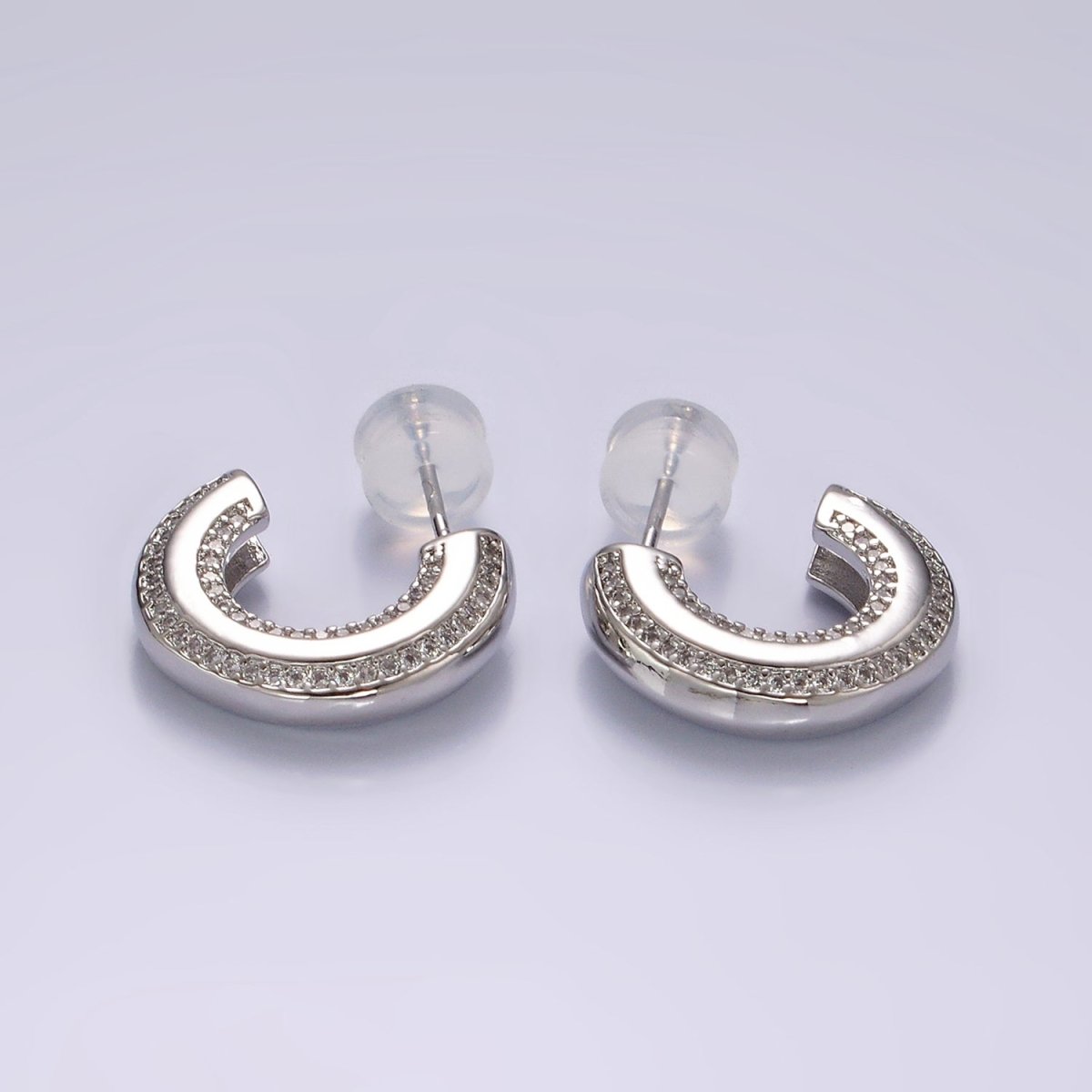 14K Gold Filled 19mm Clear CZ Double Paved Lined C-Shaped Hoop Earrings in Gold & Silver | AE1005 AE1006