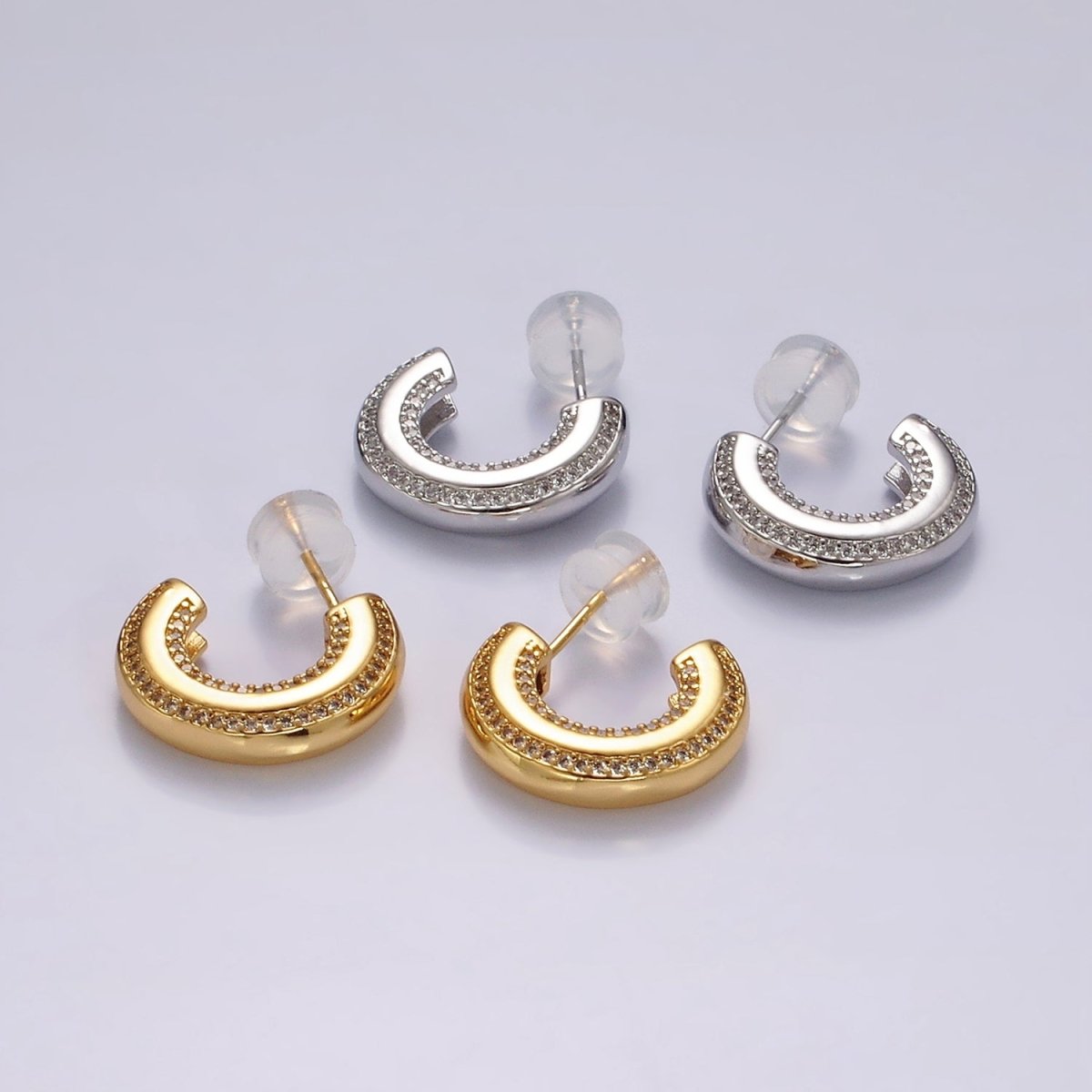 14K Gold Filled 19mm Clear CZ Double Paved Lined C-Shaped Hoop Earrings in Gold & Silver | AE1005 AE1006