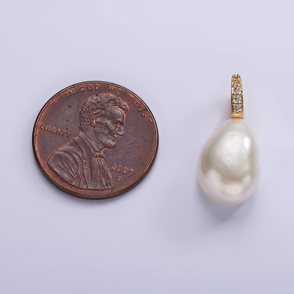 14K Gold Filled 19mm White Freshwater Pearl Button Drop Micro Paved CZ Pendant | P1641 - DLUXCA