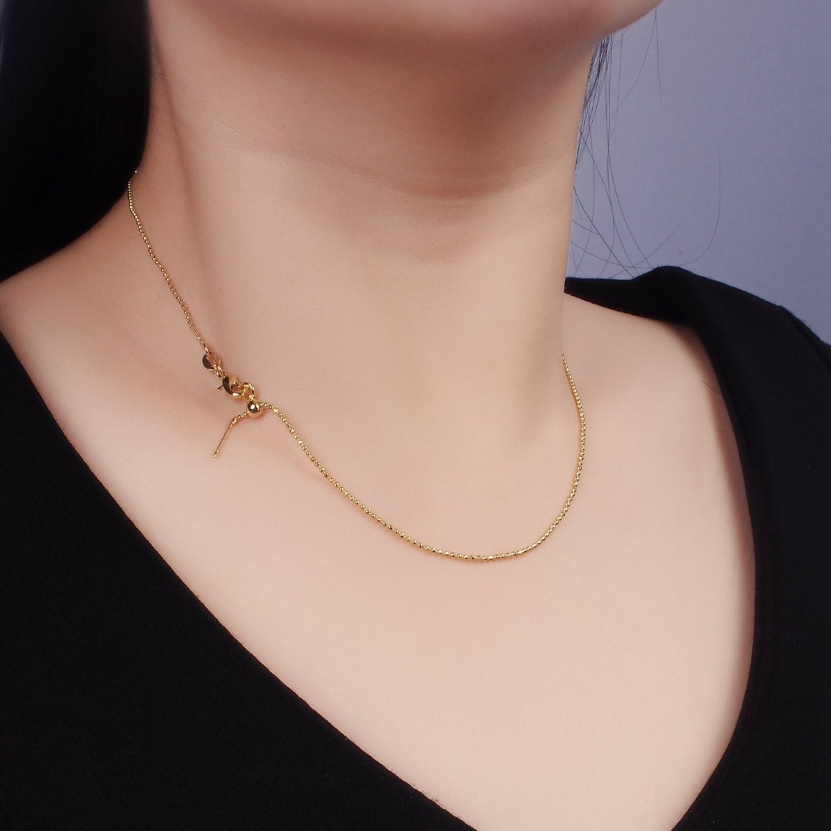 14K Gold Filled 1mm Bead Chain 17.5 Inch Needle Slider Necklace in Gold & Silver | WA-2426 WA-2427