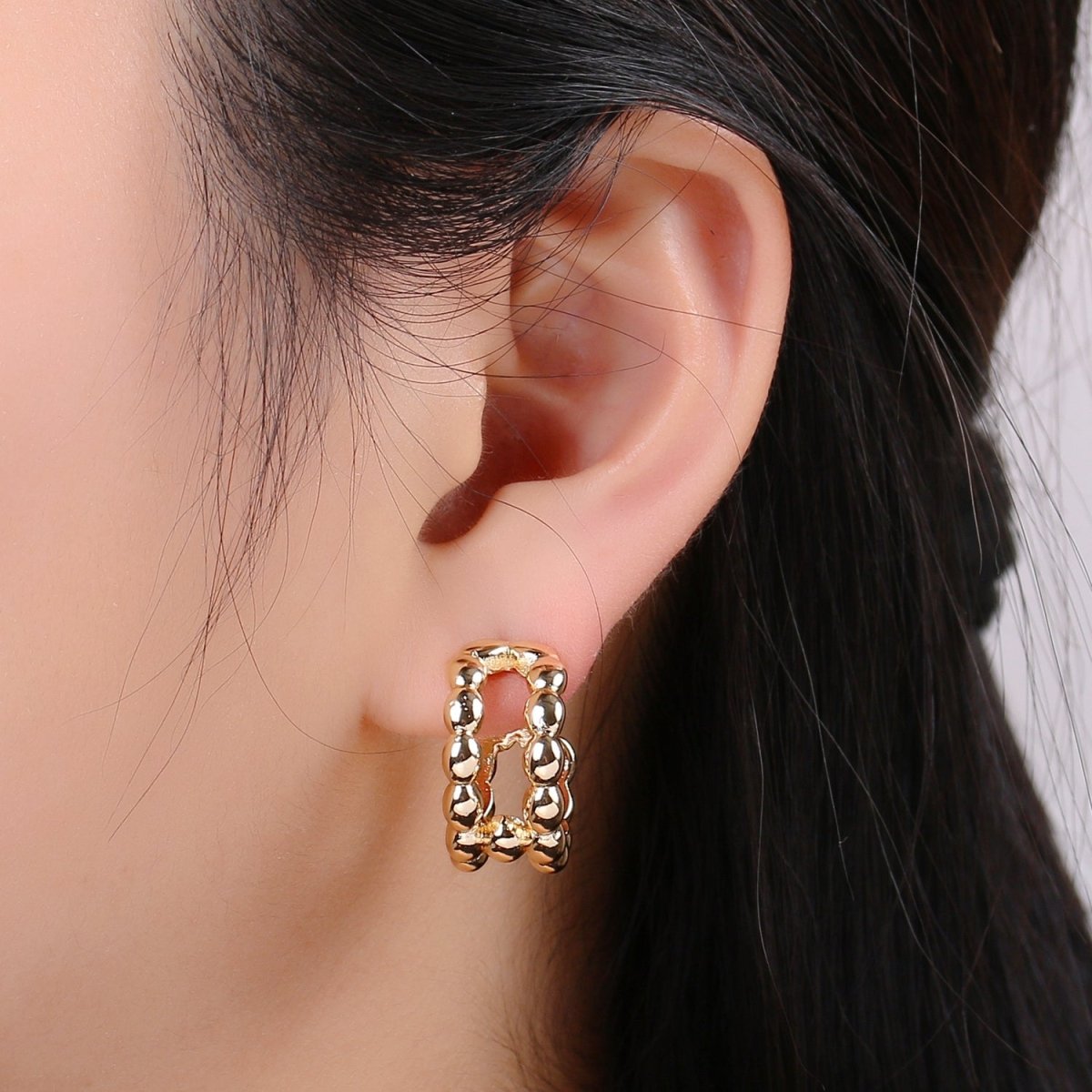 14K Gold Filled 20mm Beaded Bubble Molten Double Band C - Shaped Earrings | P250 - DLUXCA