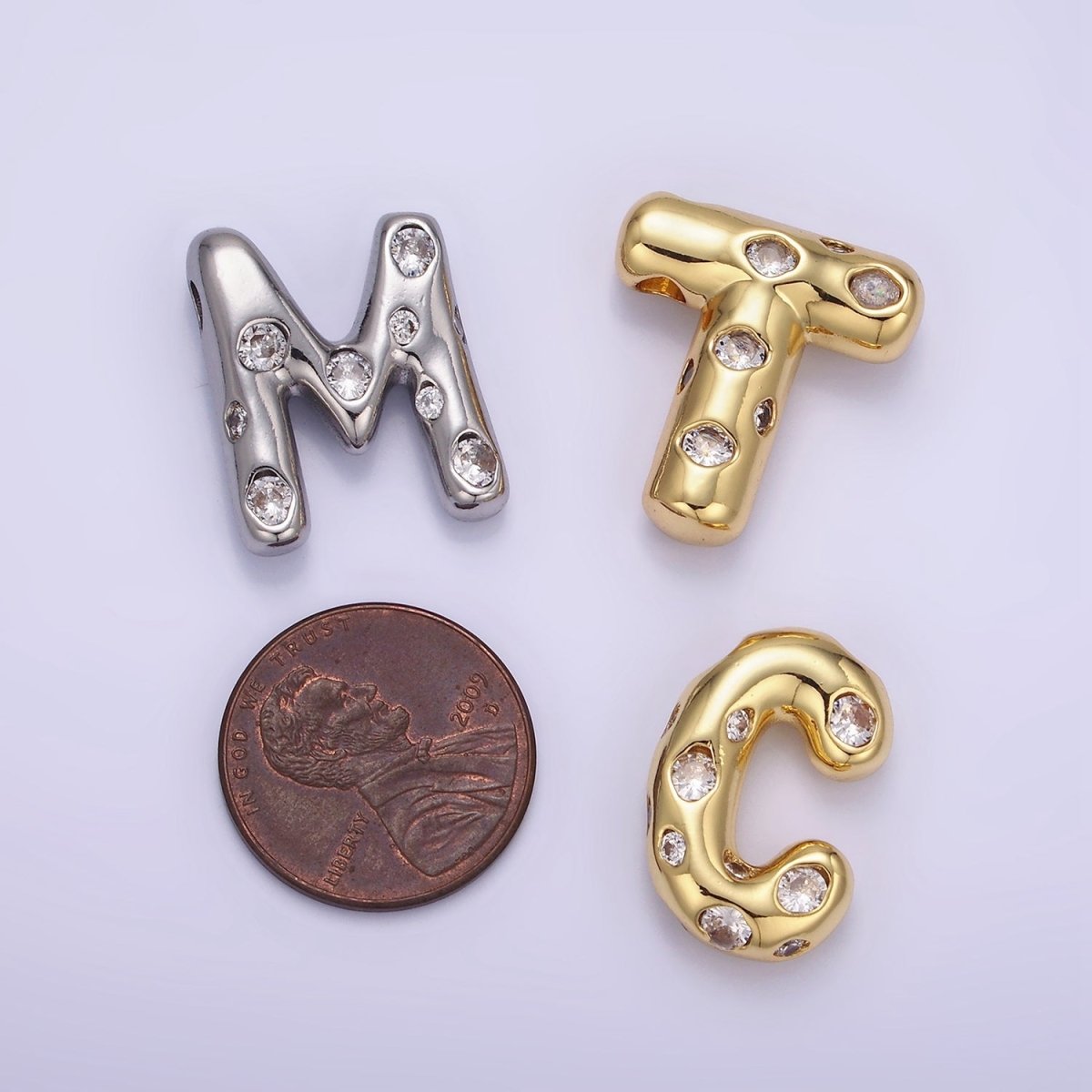 14K Gold Filled 20mm Clear CZ Chubby Balloon Initial Letter Pendant | A-A1041-A-A1053