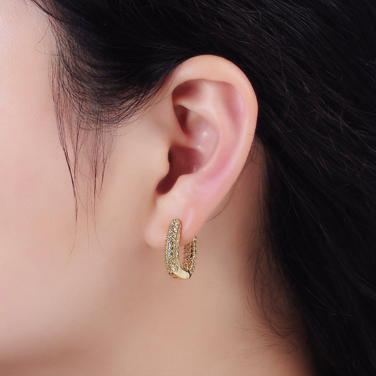 14K Gold Filled 20mm Clear Micro Paved CZ Oval Oblong Huggie Earrings | AE906 - DLUXCA