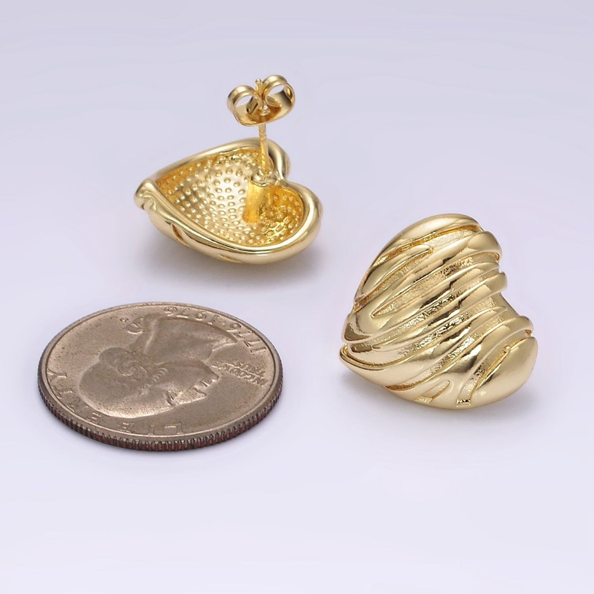 14K Gold Filled 20mm Curved Lined Textured Heart Stud Earrings | V456 - DLUXCA