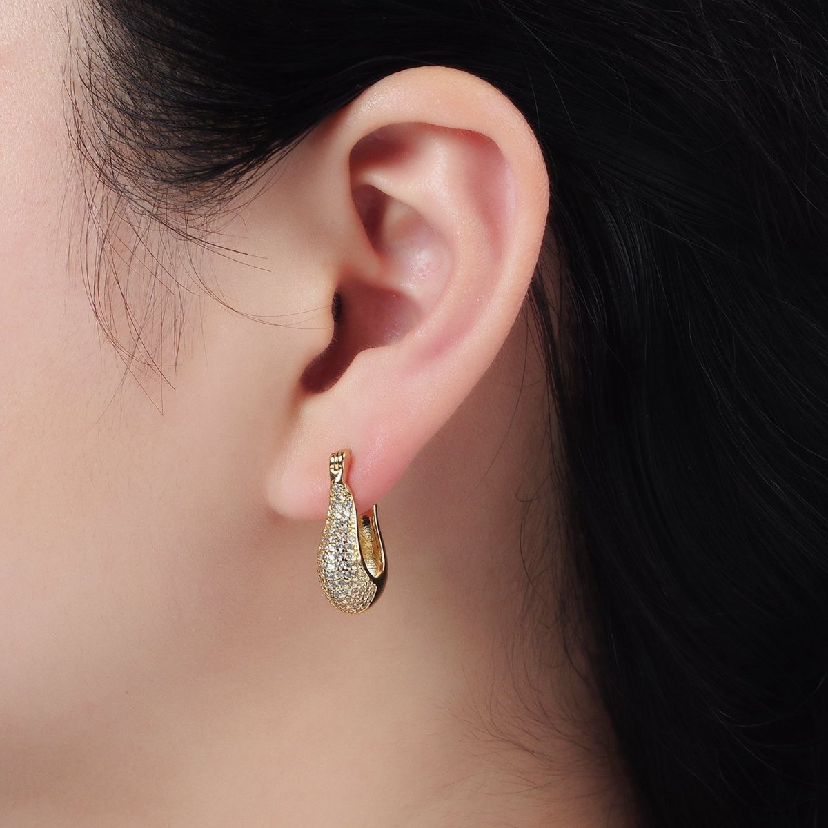 14K Gold Filled 20mm Curved U-Shaped Micro Paved CZ Dome Latch Earrings | AE418 - DLUXCA