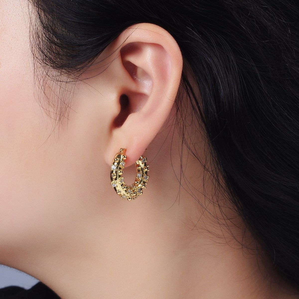 14K Gold Filled 20mm CZ Dotted Chubby Latch Earrings in Gold & Silver | AE427 AE428