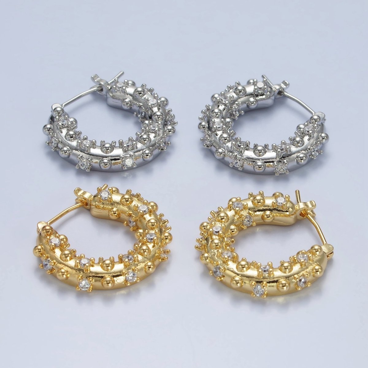 14K Gold Filled 20mm CZ Dotted Chubby Latch Earrings in Gold & Silver | AE427 AE428