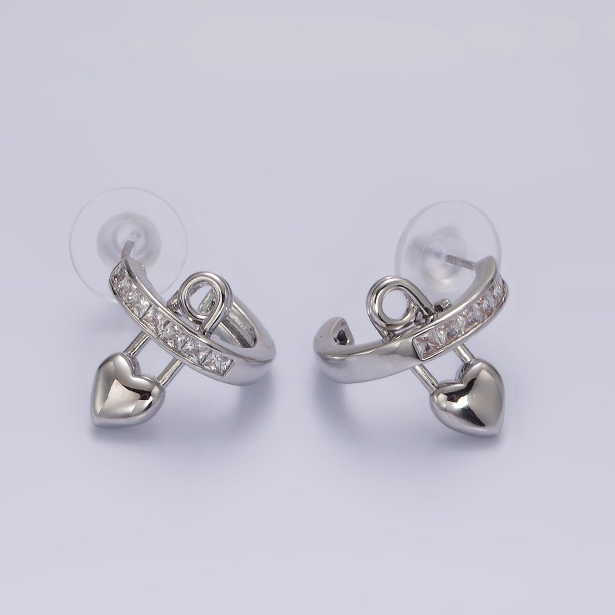 14K Gold Filled 20mm CZ Heart Safety Pin C-Shaped Hoop Earrings in Gold & Silver | V290 V291