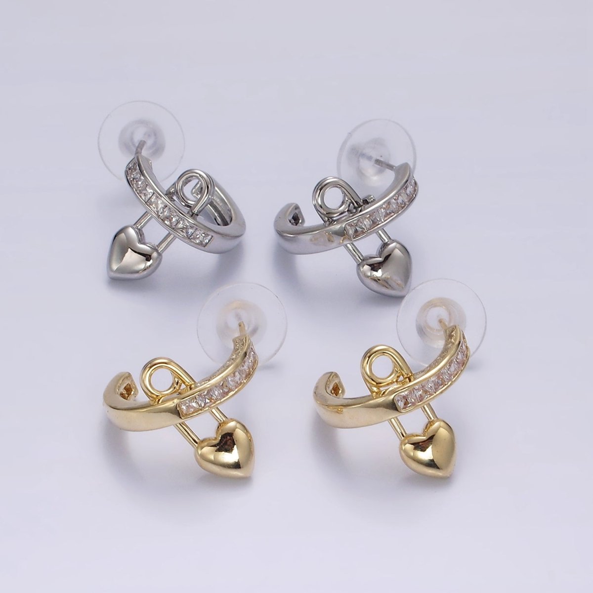 14K Gold Filled 20mm CZ Heart Safety Pin C-Shaped Hoop Earrings in Gold & Silver | V290 V291