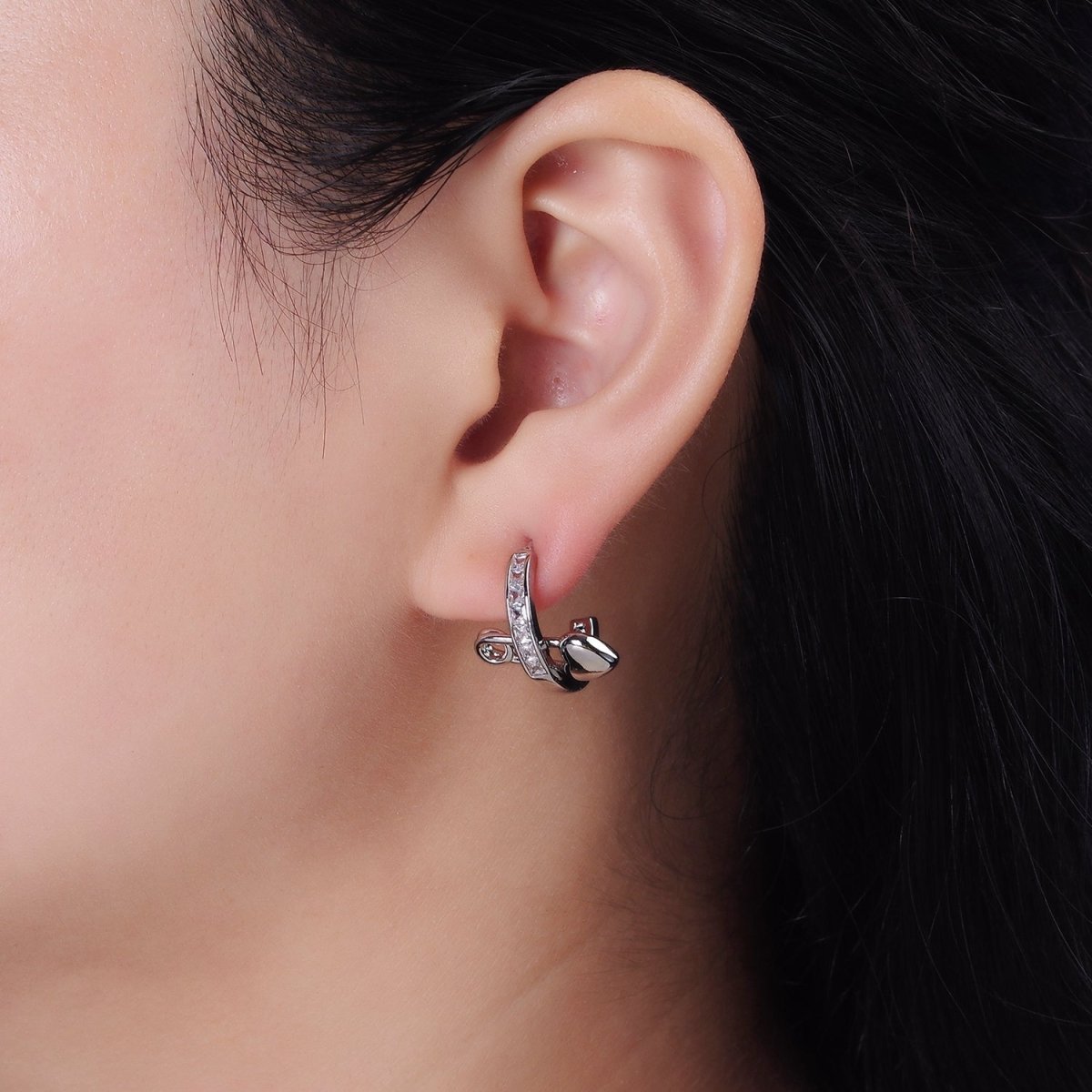14K Gold Filled 20mm CZ Heart Safety Pin C-Shaped Hoop Earrings in Gold & Silver | V290 V291