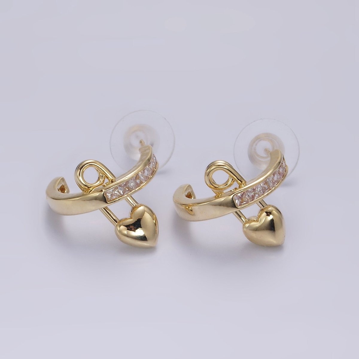 14K Gold Filled 20mm CZ Heart Safety Pin C-Shaped Hoop Earrings in Gold & Silver | V290 V291