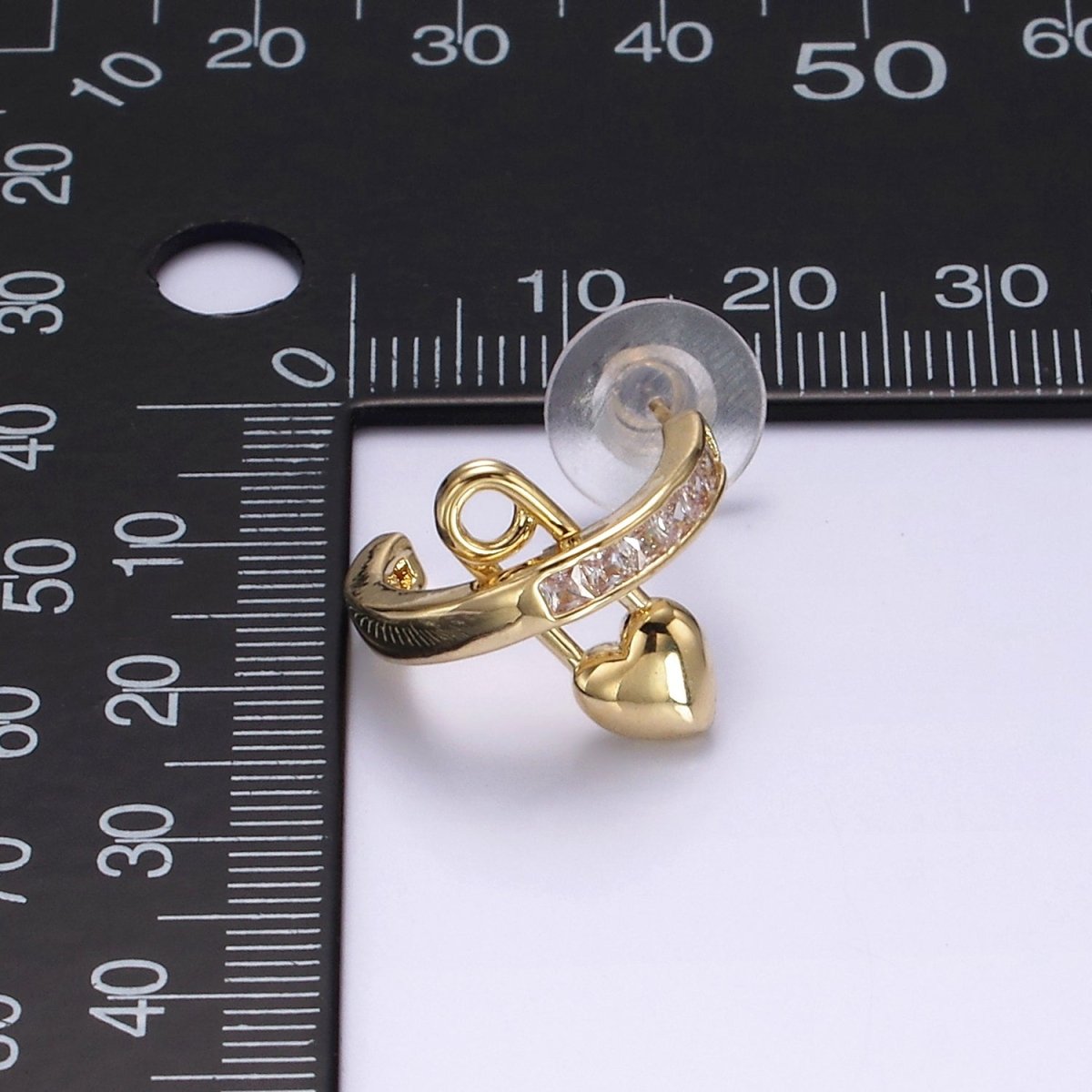 14K Gold Filled 20mm CZ Heart Safety Pin C-Shaped Hoop Earrings in Gold & Silver | V290 V291