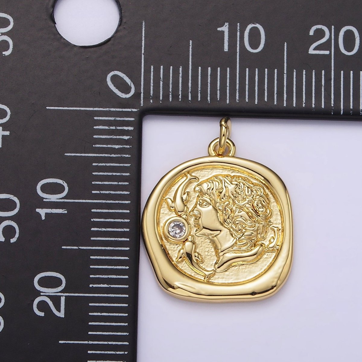 14K Gold Filled 20mm Double Fish Clear CZ Portrait Cameo Stamped Round Charm | AH306 - DLUXCA
