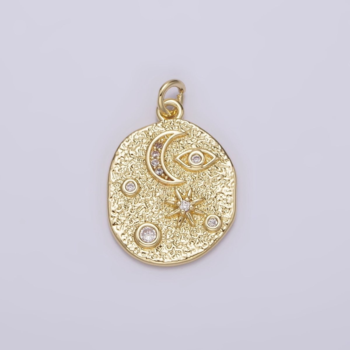 14K Gold Filled 20mm Evil Eye Celestial Crescent Moon Star Hammered Oval Charm | AG-211 - DLUXCA