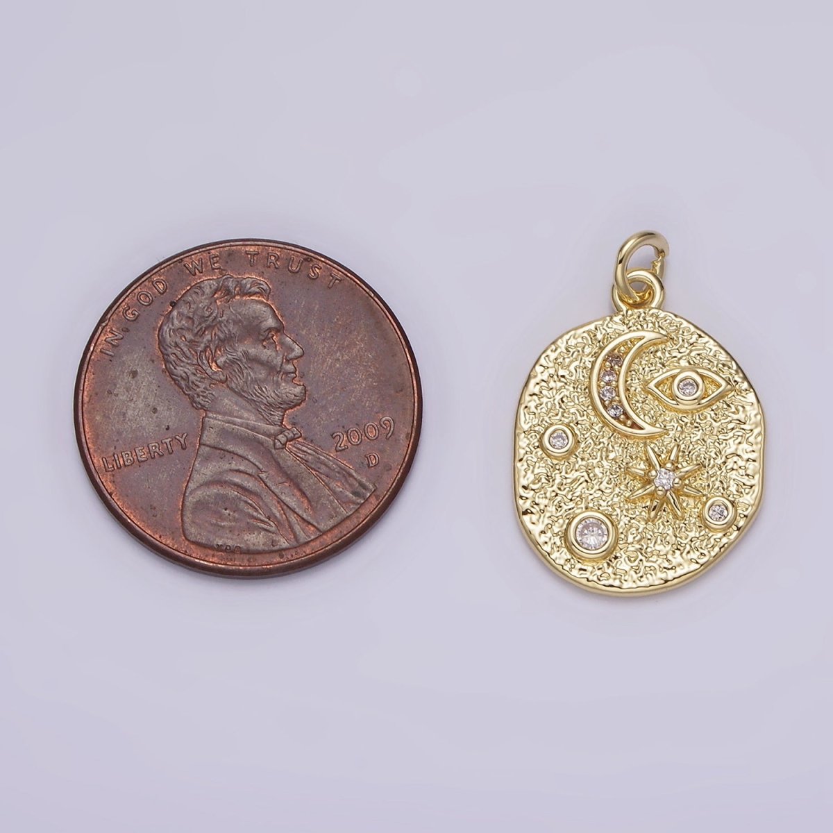 14K Gold Filled 20mm Evil Eye Celestial Crescent Moon Star Hammered Oval Charm | AG-211 - DLUXCA