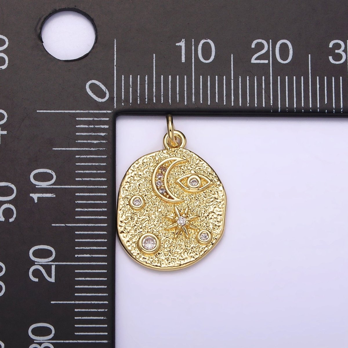 14K Gold Filled 20mm Evil Eye Celestial Crescent Moon Star Hammered Oval Charm | AG-211 - DLUXCA
