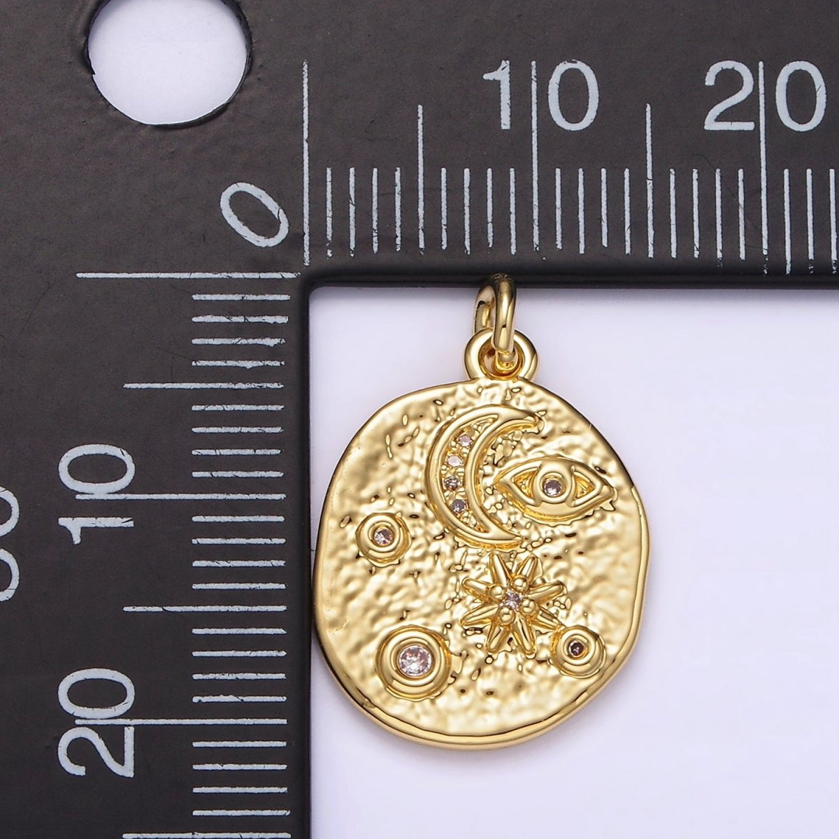 14K Gold Filled 20mm Evil Eye Celestial Crescent Moon Star Textured Oval Charm | AG285 - DLUXCA