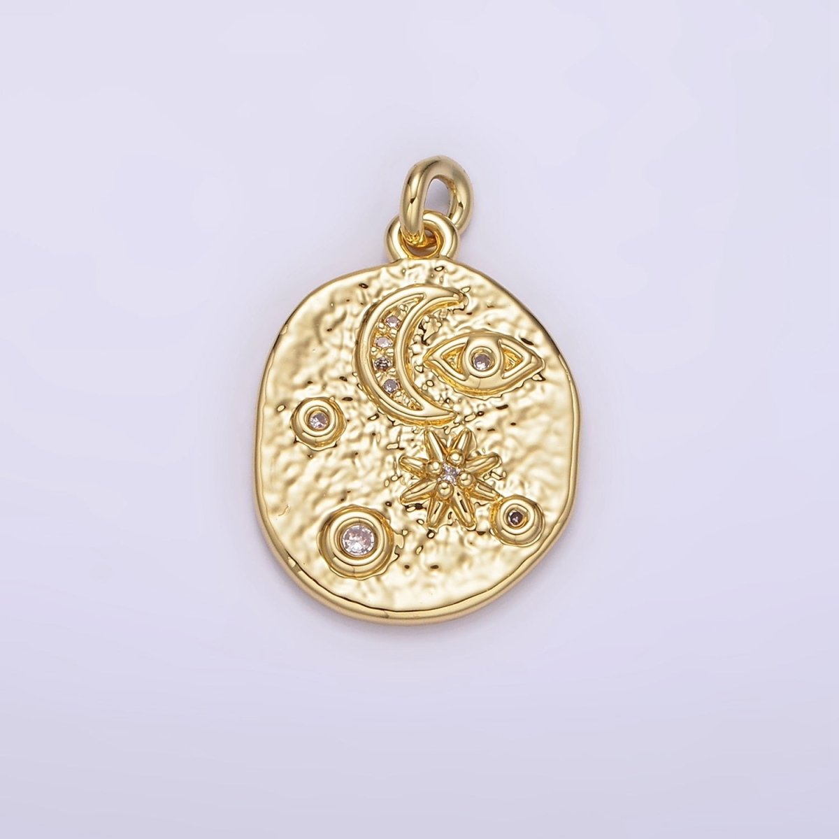 14K Gold Filled 20mm Evil Eye Celestial Crescent Moon Star Textured Oval Charm | AG285 - DLUXCA