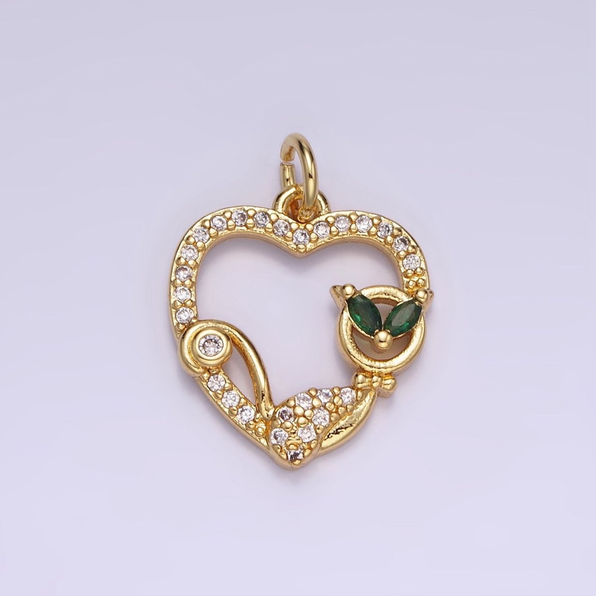 14K Gold Filled 20mm Green-Eyed CZ Micro Paved Open Heart Charm | AG643 - DLUXCA