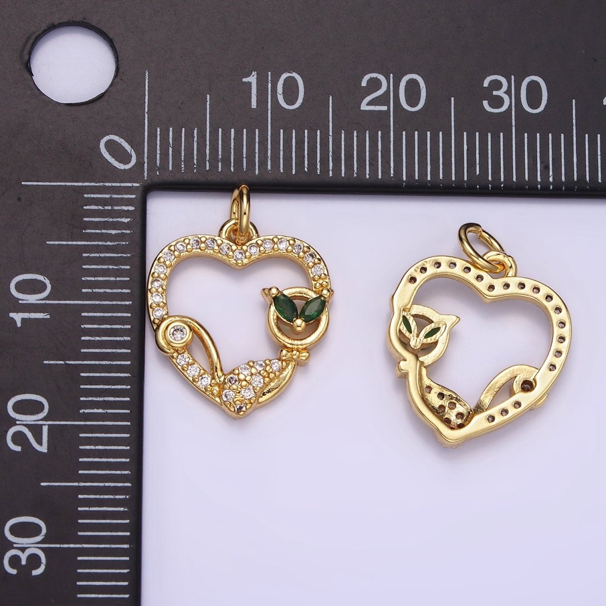 14K Gold Filled 20mm Green-Eyed CZ Micro Paved Open Heart Charm | AG643 - DLUXCA