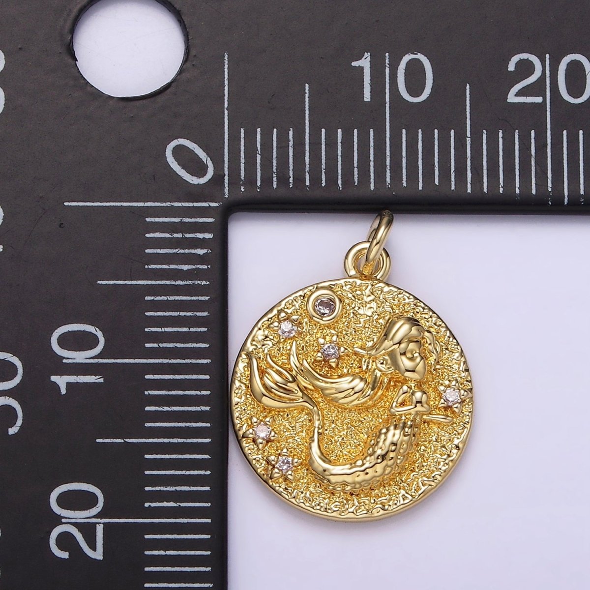 14K Gold Filled 20mm Mermaid Celestial Star CZ Hammered Round Charm | AG266 - DLUXCA