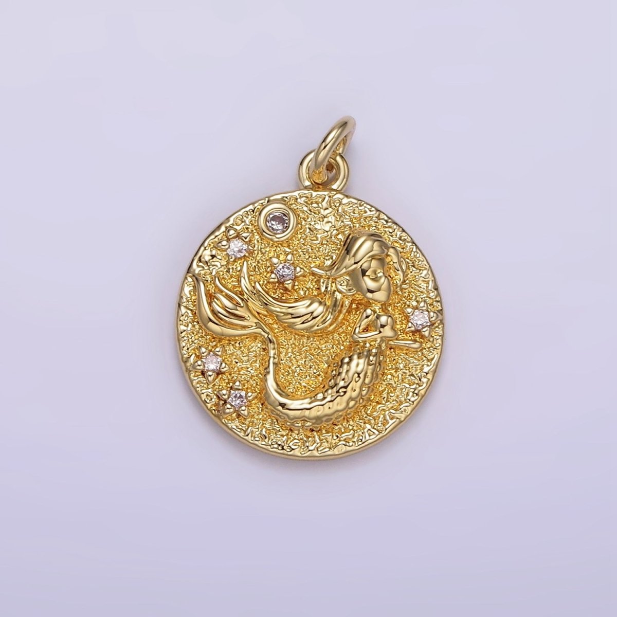 14K Gold Filled 20mm Mermaid Celestial Star CZ Hammered Round Charm | AG266 - DLUXCA
