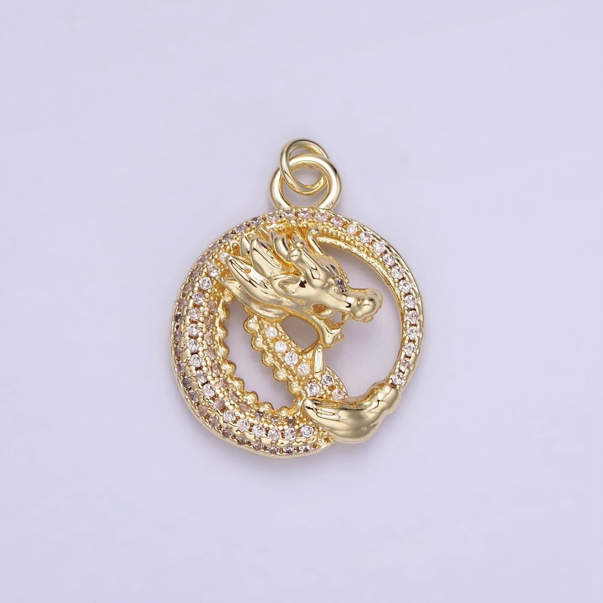 14K Gold Filled 20mm Micro Paved CZ Open Dragon Round Charm | AG716 - DLUXCA