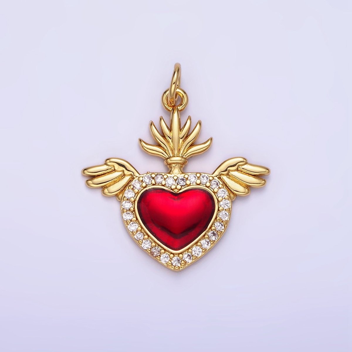 14K Gold Filled 20mm Micro Paved CZ Red Sacred Heart Feather Wings Charm | AG625 - DLUXCA