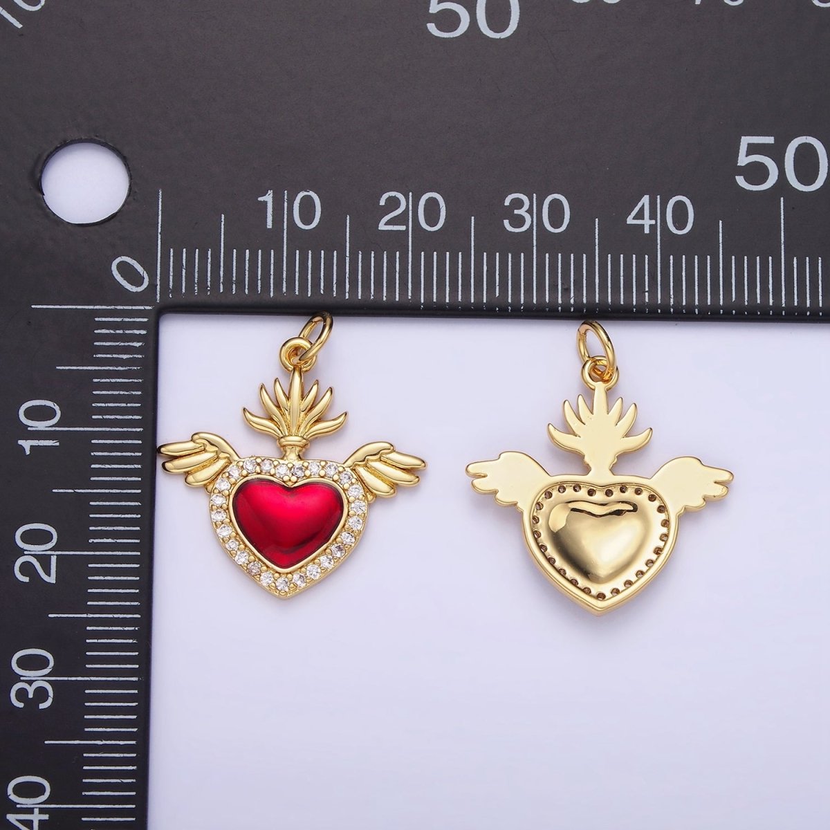14K Gold Filled 20mm Micro Paved CZ Red Sacred Heart Feather Wings Charm | AG625 - DLUXCA
