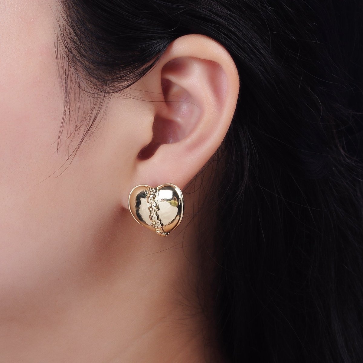14K Gold Filled 20mm Molten Drip Heart Dome C-Shaped Hoop Earrings | V462 - DLUXCA