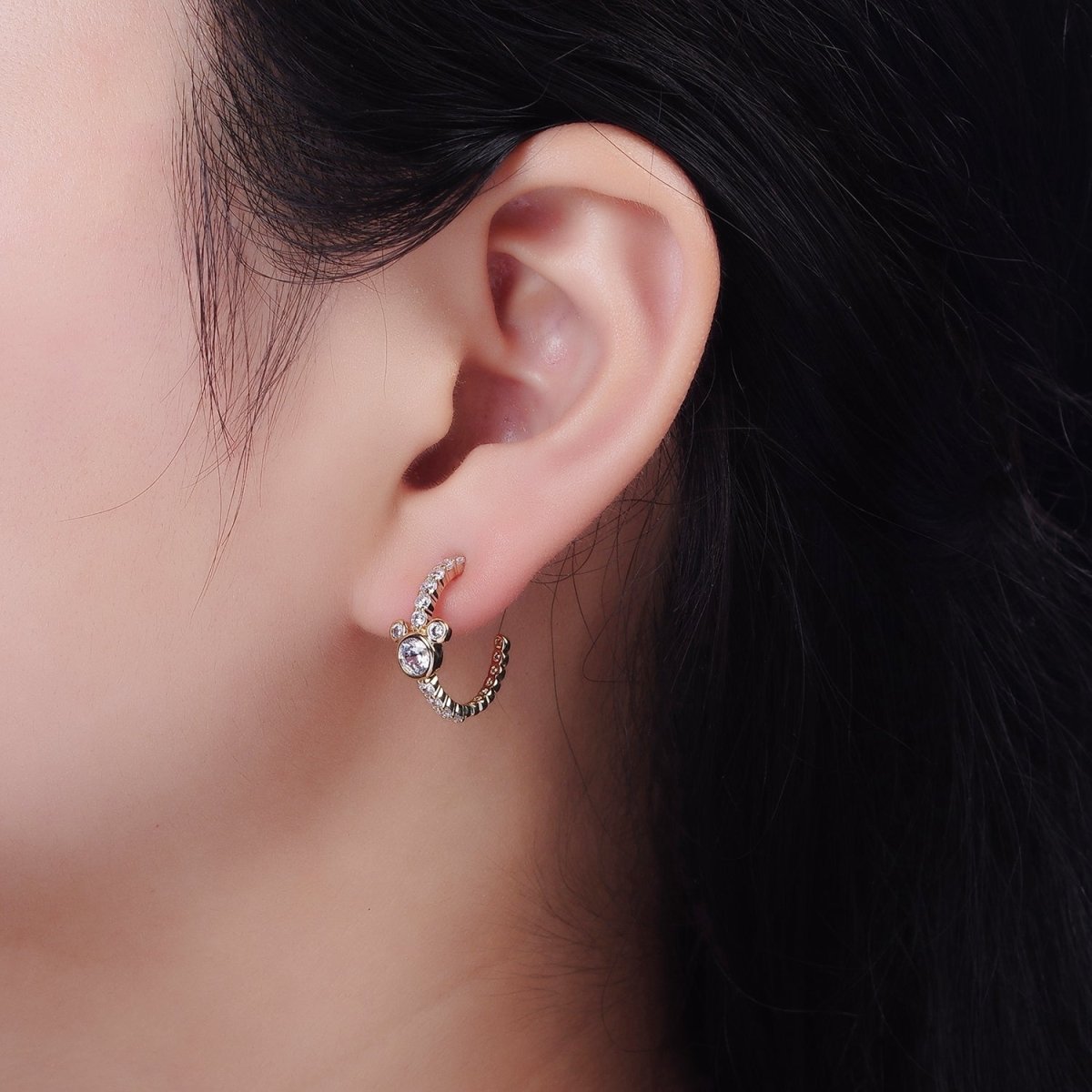 14K Gold Filled 20mm Mouse Triple Clear CZ Micro Paved C-Shaped Hoop Earrings in Silver & Gold | V466 V467