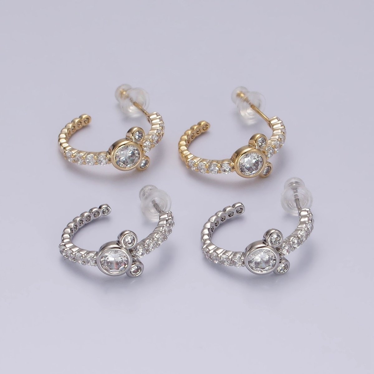 14K Gold Filled 20mm Mouse Triple Clear CZ Micro Paved C-Shaped Hoop Earrings in Silver & Gold | V466 V467