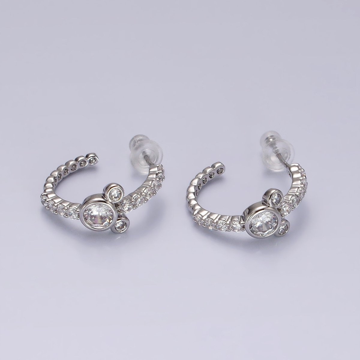 14K Gold Filled 20mm Mouse Triple Clear CZ Micro Paved C-Shaped Hoop Earrings in Silver & Gold | V466 V467