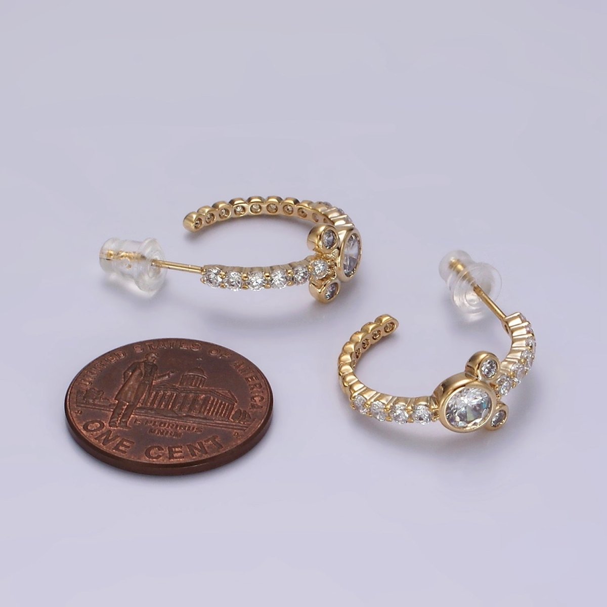 14K Gold Filled 20mm Mouse Triple Clear CZ Micro Paved C-Shaped Hoop Earrings in Silver & Gold | V466 V467