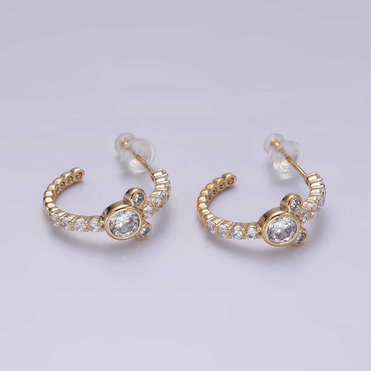 14K Gold Filled 20mm Mouse Triple Clear CZ Micro Paved C-Shaped Hoop Earrings in Silver & Gold | V466 V467