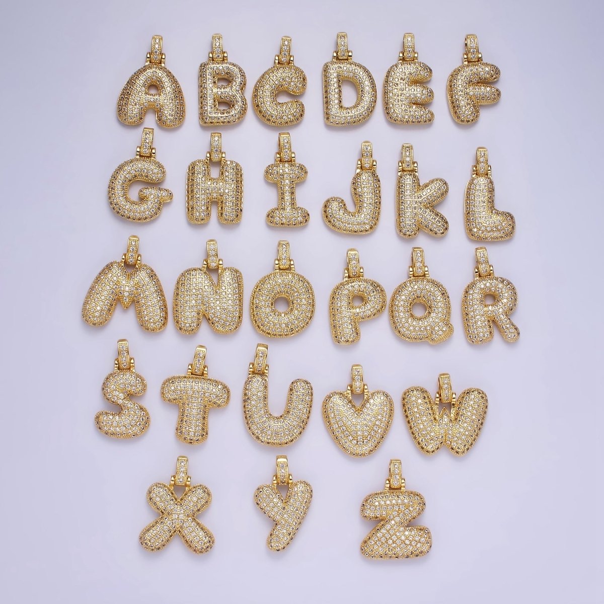 14K Gold Filled 20mm Micro Paved Balloon Bubble Initial Letter Pendant | A1197-A1209